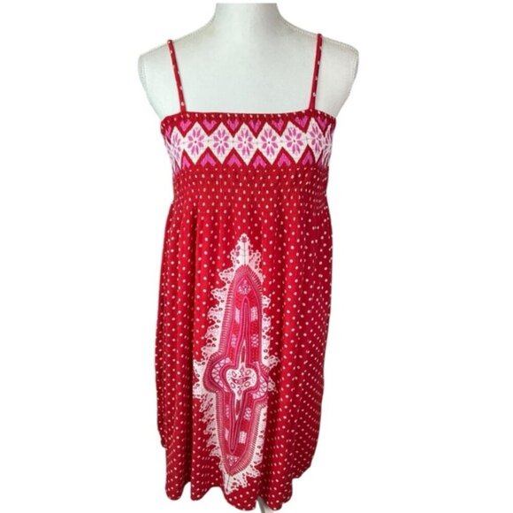 Sundress Boho Breezy Stretchy Smocked Bodice Indian Gauzy Material Red Pink OS - Picture 2 of 16